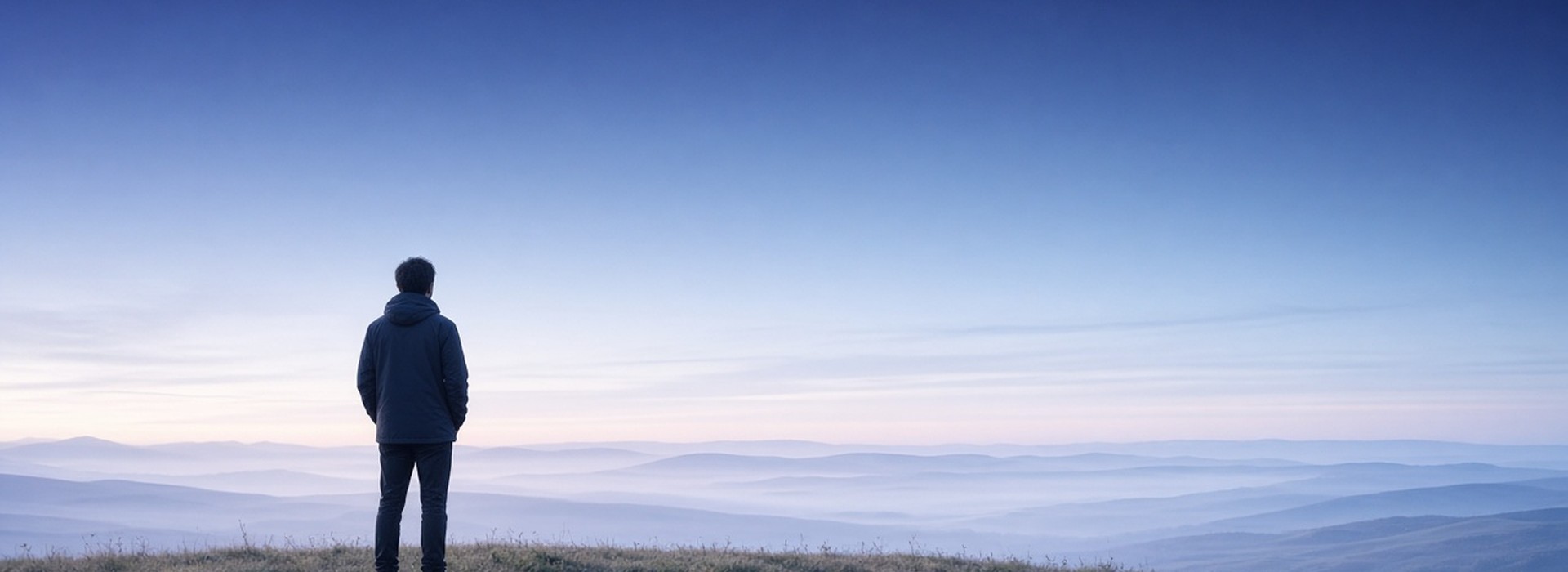 Young adult on a hill plateau looking toward an open morning horizon